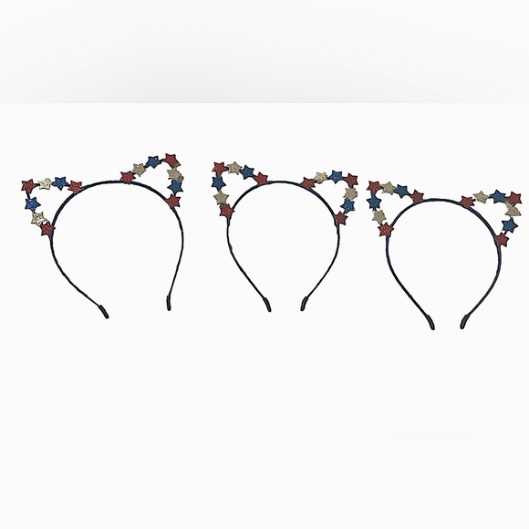 4th of July Patriotic Red & Blue Glitter Stars Cat Ears Headband 3pc - Picture 1 of 5